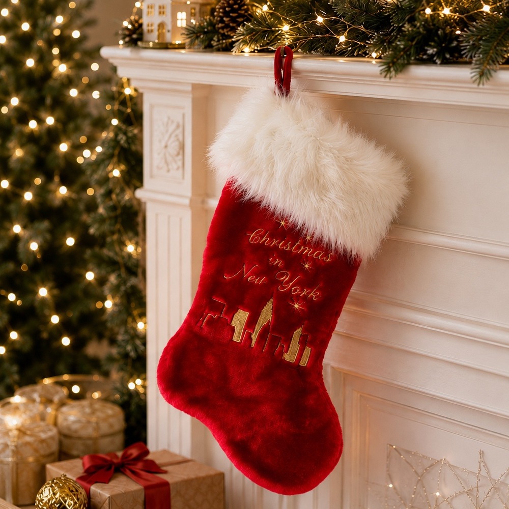 Dan Dee Christmas in New York Stocking Red Plush Faux Fur Cuff Gold Skyline Xmas